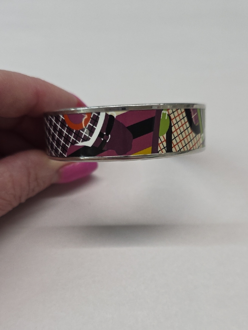 Hermes Purple/Green Printed Enamel Palladium Wide Bangle Bracelet Size 65 - Picture 2 of 9